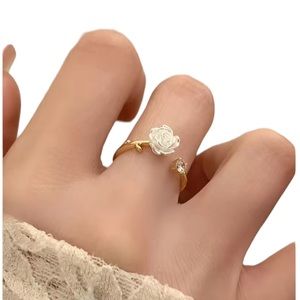 White Camellia Flower Open Gold Ring
